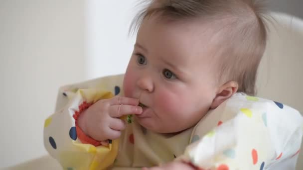 Een 7 maanden oud blank meisje eet zelf broccoli met blote handen. — Stockvideo