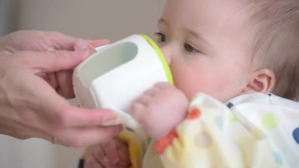 An 7-month girl is drinking from the cup in the hands of her mother. — Stockvideo
