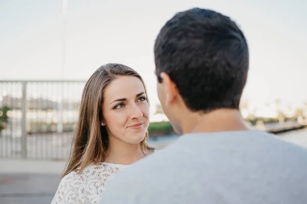 Photo Stylish Man Whom His Kind Brunette Girlfriend Staring Pier — Stock Photo, Image