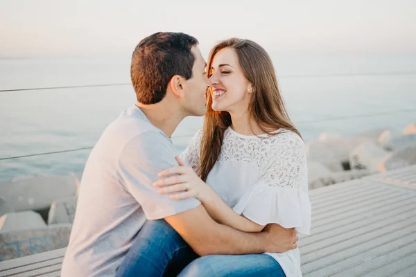 Hispanic Man Fooling His Smiling Brunette Girlfriend Breakwater Spain Evening — Stock Photo, Image