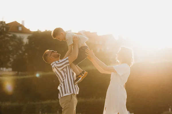 Father Mother Son Having Fun Old European Town Happy Family — 스톡 사진