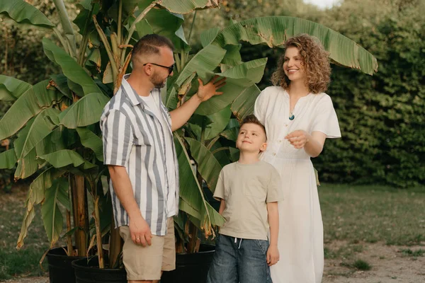 Vater Mutter Und Sohn Schlendern Durch Die Palmen Des Tropischen — Stockfoto