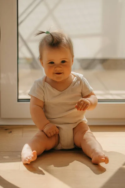 Month Girl Sitting Balcony Door Bodysuit Home Cute Infant Smiling — стоковое фото