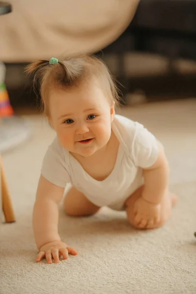 Month Girl Kneeling Holding One Hand Carpet Home Curious Infant — ストック写真