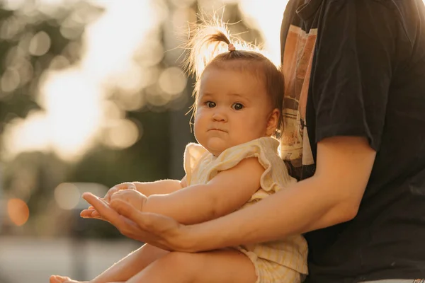 Close Portrait Female Toddler Hands Mommy Mother Enjoying Her Serious — Stockfoto