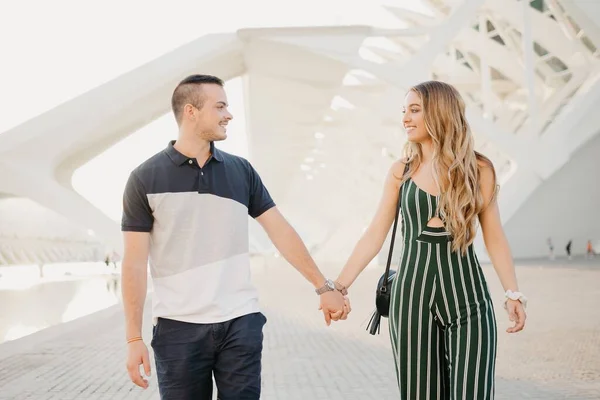 Couple Tourists Strolling Modern Urban Space Date Sunset Valencia Guy — 图库照片