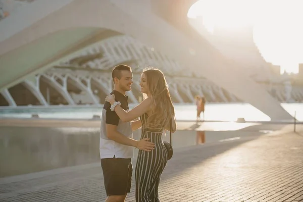 Couple Tourists Dancing Modern Urban Space Date Sunset Valencia Smiling — Photo