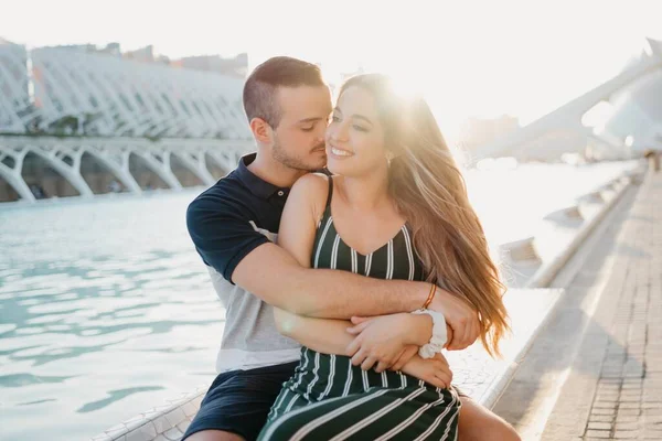 Couple Tourists Having Fun Water Pool Date Sunset Valencia Guy — Stockfoto