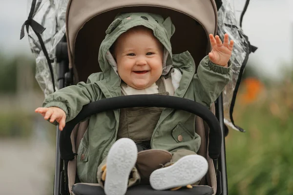 Female Toddler Laughing Her Stroller Cloudy Day Young Girl Rejoices — Φωτογραφία Αρχείου