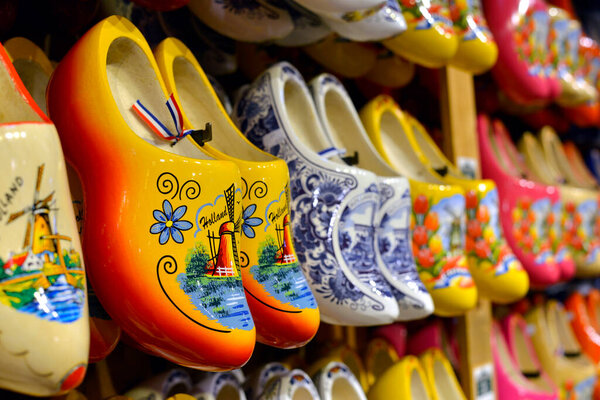 Zaanse-Schans, Netherlands. Showcase with traditional dutch wooden clogs wooden shoe workshop