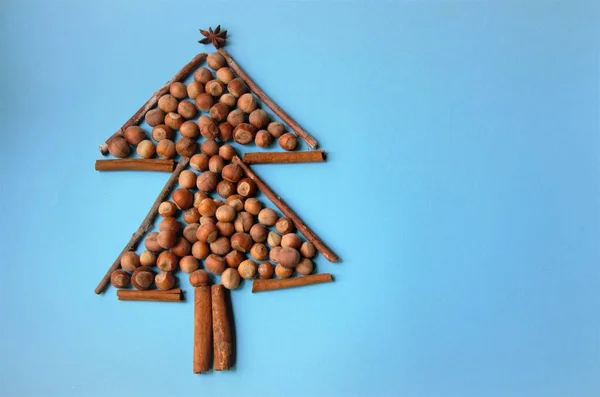 Mavi arka planda bir kartpostal afişi. Fındıklı noel ağacı, tarçın çubukları ve yıldız anason.