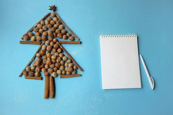 Arbre de Noël plat disposition des bâtons de cannelle noisette et de l'anis étoilé sur un fond bleu, à côté d'une feuille blanche pour l'enregistrement — Photo