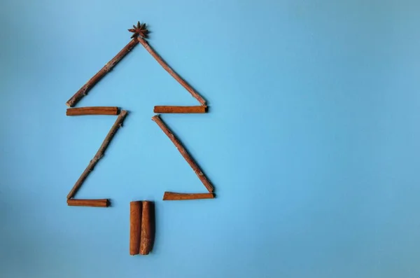 Le sapin de Noël est bordé de branches de bâtonnets de cannelle et d'anis étoilé sur fond bleu — Photo