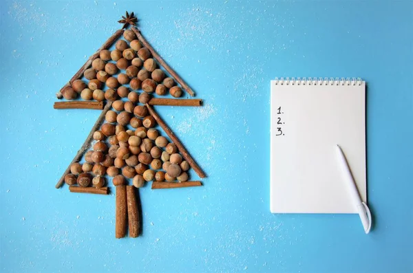 Arbre de Noël en noisettes, cannelle et anis étoilé, sur fond bleu à côté du carnet de notes pour la planification — Photo