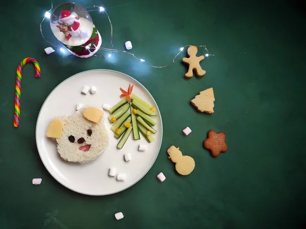圣诞节布置儿童用的三明治是动物做的，圣诞树是黄瓜做的，背景是绿色的，有一个花环。从顶部看 — 图库照片