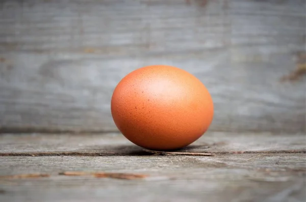 Un uovo di pollo marrone su fondo di legno, vista laterale, minimalismo — Foto Stock