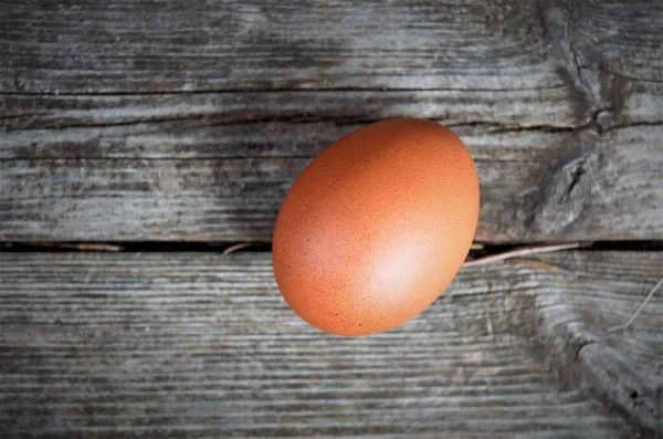 Jedno brązowe jajko kurze na drewnianym tle, widok z góry, minimalizm — Zdjęcie stockowe