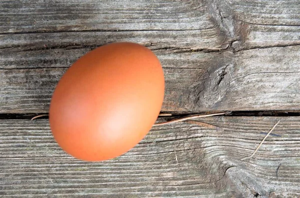 One brown chicken egg out of focus on a wooden background, top view, minimalism — стоковое фото