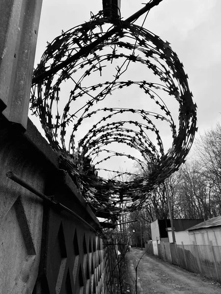 Koyu beton çitin üzerindeki dikenli teller. siyah ve beyaz fotoğrafçılık — Stok fotoğraf