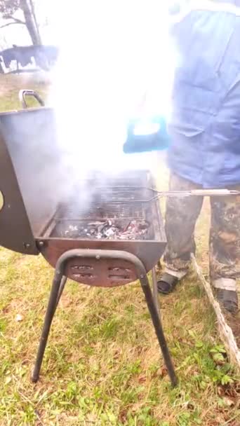夏天的一天，自然界中的巴西。烧烤食品用的火锅里的炭.在火盆上烤烤肉.准备烤肉用的烤炭火.烧烤野餐的概念. — 图库视频影像
