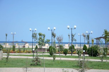 28.08.2021 Derbent. Dağıstan. Derbent şehrinde Hazar Denizi seti..