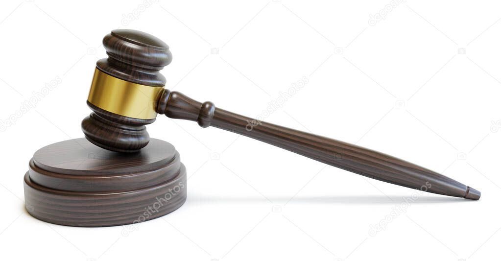 Wooden brown judge gavel, decision glossy mallet for court verdict. 3d realistic render, isolated on white background with clipping path. Auction hammer with gold on the stand. Law and justice system symbol 