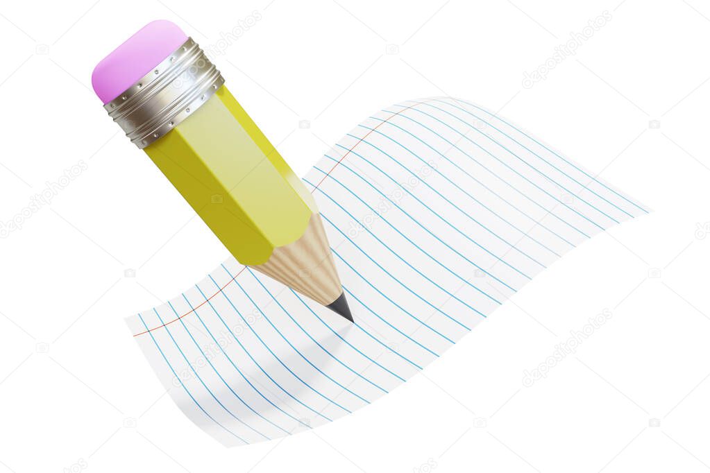 3d Render Pencil Writing on White Paper. Note Taking Concept Isolated on White Background With Clipping Path