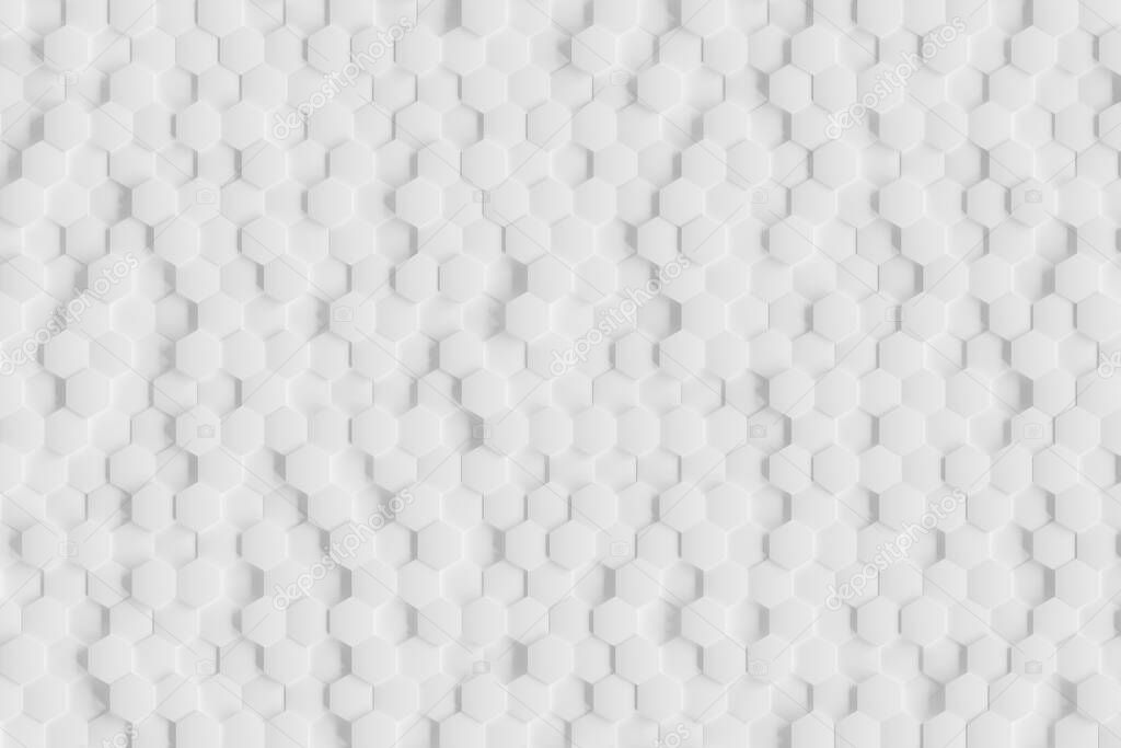 3d architectural white background. Geometric texture from hexagons. Abstract illustration from honeycomb cells. 3d rendering
