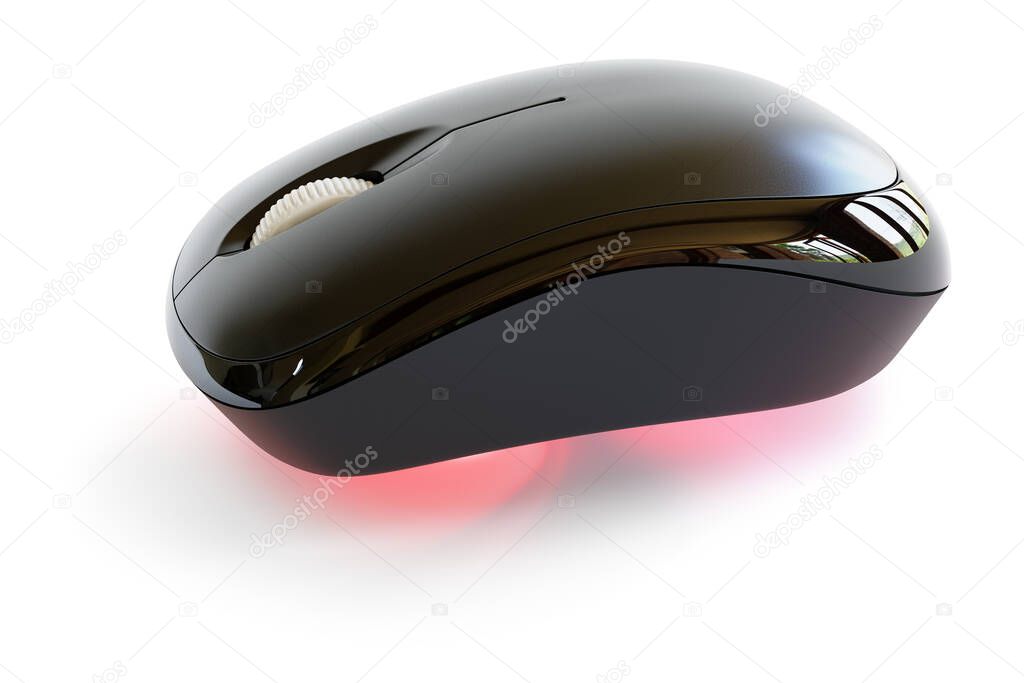 3D Wireless Computer Mouse With Red Laser Glow Underneath Isolated on White Background With Clipping Path
