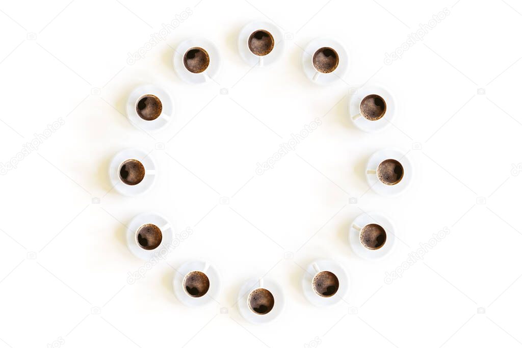 3D Illustration of 12 Coffee Cups Circle Shaped, as Hours in a Clock, Isolated on White Background With Clipping Path