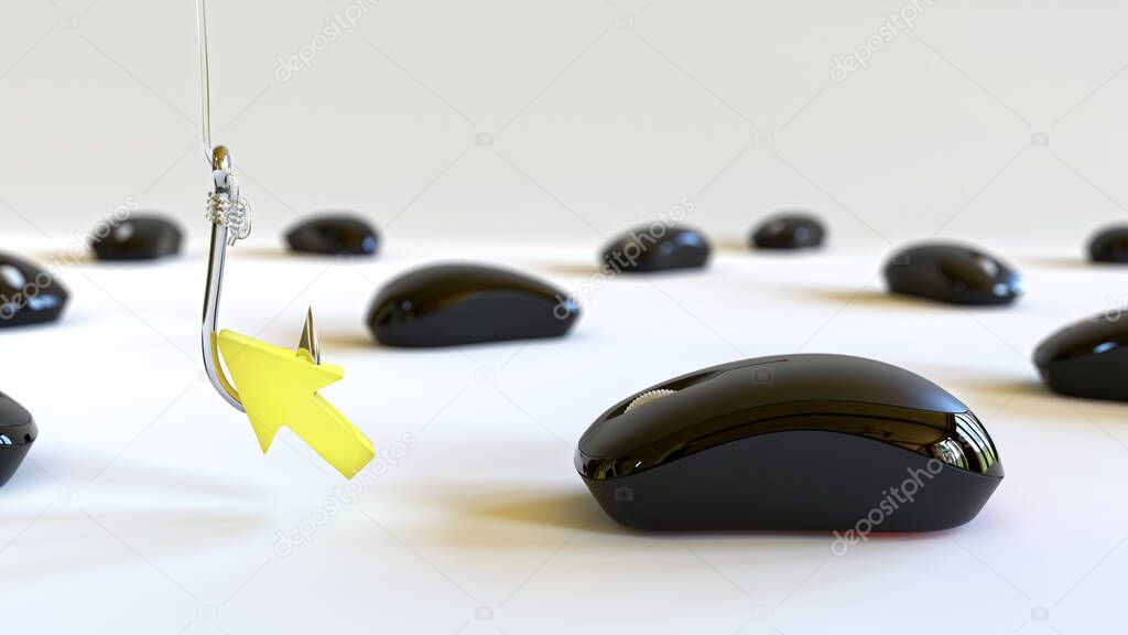 3D Rendered Computer Mice and Fish hook Conceptual Clickbait Image With Clipping Path