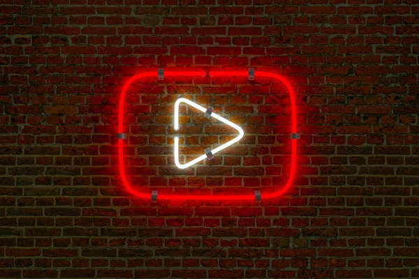 3D Play Button Light Sign Neon Lamp on Dark Brick Wall Background