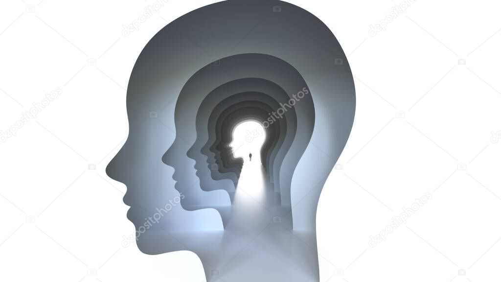3D Rendering of Head Shaped as a Hole in Concrete Walls, Creative Concept Background With a Man Walking Towards the Light End
