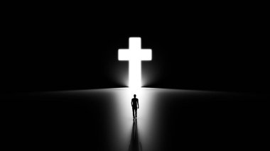 3D Silhouette of a Man Walking into Religious Cross Shaped Hole in the Wall Shinning Light Towards Him, Black Background.