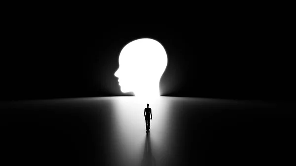 3D Silhouette of a Man Walking to Reach His Mental Health, Head Shaped Hole in the Wall Shinning Light Towards Him, Black Background.