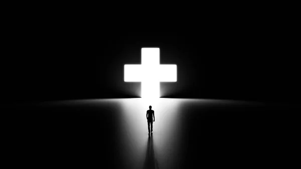3D Silhouette of a Man Walking to Reach His Health Goal, Medical Cross Shaped Hole in the Wall Shinning Light Towards Him, Black Background.