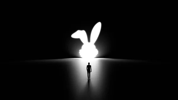 3D Silhouette of a Man Walking Into a Rabbit Shaped Hole in the Wall Shinning Light Towards Him, Black Background.