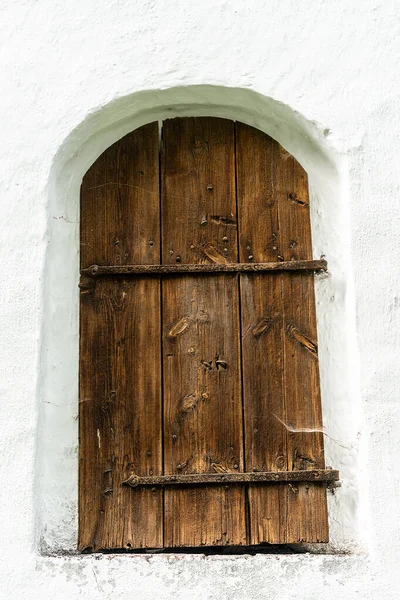 Old Window Natural Colored Wooden Cover Door Hanging Skewed Rusty — Stock Photo, Image