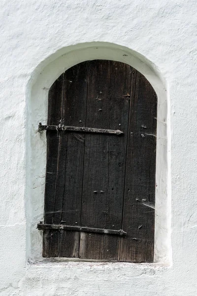 Old Window Black Wooden Cover Door Hanging Skewed Rusty Hinges — Stock Photo, Image