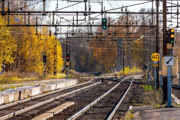 Järnvägskorsning Eller Slips Med Olika Spår Och Växlar Röda Och — Stockfoto