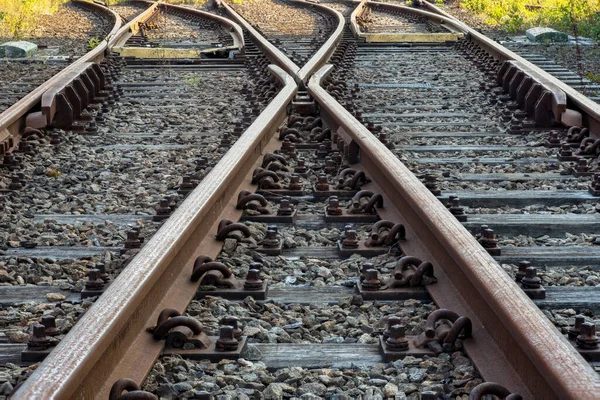 Railroad Track Switch Change Lane Full Perspective Focus — Stock Photo, Image