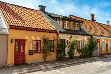 İsveç 'in güney ucundaki Ystad' da bir kaldırım taşı sokağının güzel yaz manzarası. Renkli evlerin duvarında büyüyen gül çalıları yaz güneşinde ve mavi gökyüzünde.