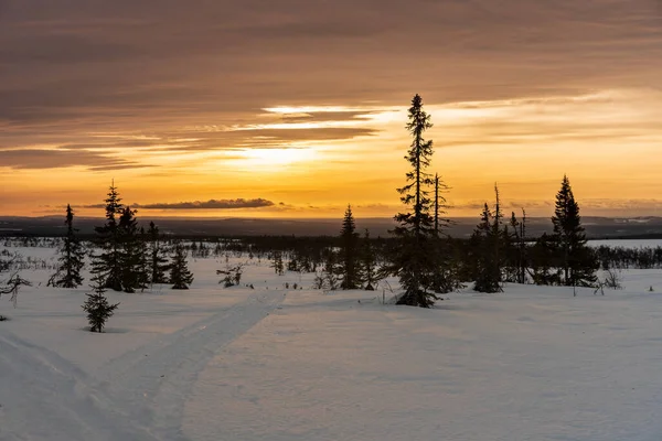 Beautiful View Sun Setting Swedish Highlands Orange Colored Sun Making — Stock Photo, Image