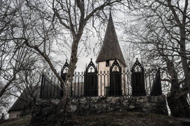 12. yüzyıldan kalma büyük siyah demir mezar taşları ve arka planda ortaçağ kilise kulesi olan bir mezarlık. Çıplak sonbahar dalları tarafından kaplanmış.