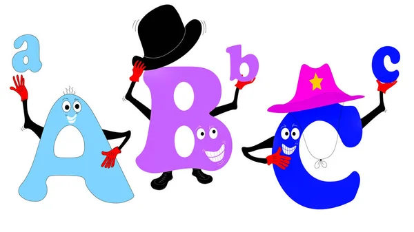 Funny looking capital letters ABC in cartoon look. Letters with arms and faces doing gestures with hats and holding the lower case letter in their hands