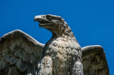 Açık mavi gökyüzünün arka planına karşı oldukça detaylı bir taş kartalı.