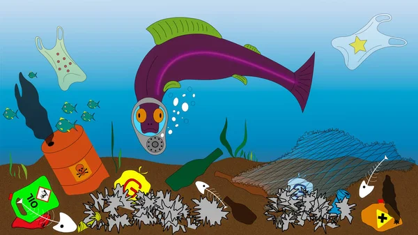 Cartoon illustration of a large fish wearing a gasmask, swimming in a heavy polluted ocean filled with garbage