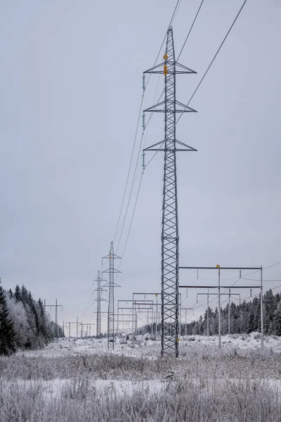 Winter View High Voltage Distribution Grid Swedish Countryside — Stock Fotó