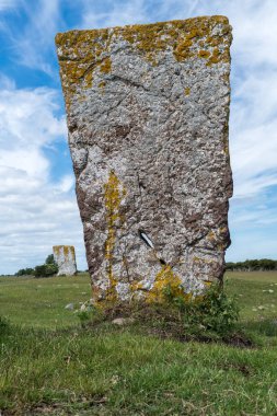 Orta Çağ 'dan kalma bir mezar taşı ya da mühür taşı İsveç' in doğu kıyısındaki Oland adasında yeşil bir alanda duruyor.