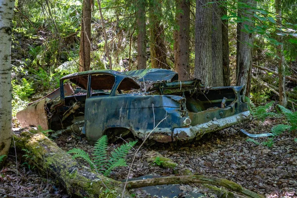 Stary Wrak Samochodu Lat Pięćdziesiątych Porzucony Pozostawiony Aby Zanieczyścić Środowisko — Zdjęcie stockowe